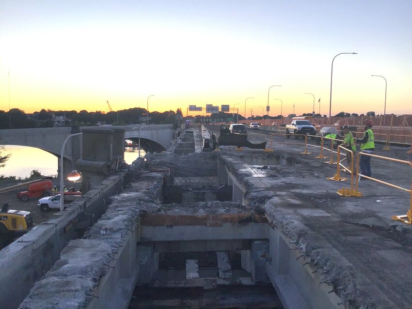 Demolition crews from the Aetna Co. began deck and beam removal from the westbound Washington Bridge span earlier this week.