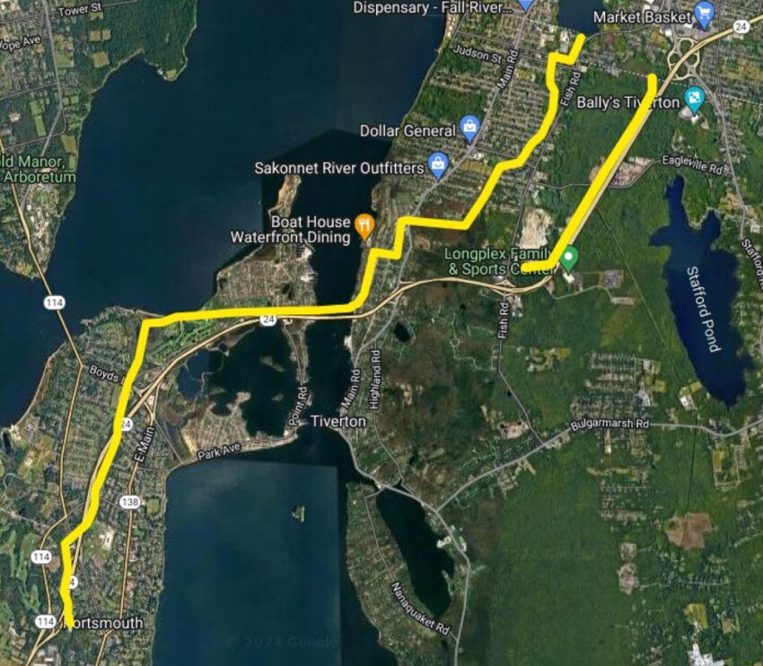 Google map shows the routes (in yellow) of Rhode Island Energy&rsquo;s proposed structure replacement and conductor replacement project in Portsmouth and Tiverton. The longer main transmission line crosses the Sakonnet River and into Portsmouth to the Dexter Street substation. It continues down to Jepson Lane, but that line has already been upgraded.