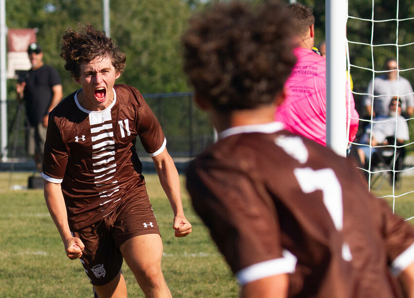 Will Quinlan reacts after scoring mid-way through the second half, to give Westport a 1-0 lead in their 2-1 victory over Holbrook on Tuesday. Quinlan, a senior co-captain, scored 32 goals last season.