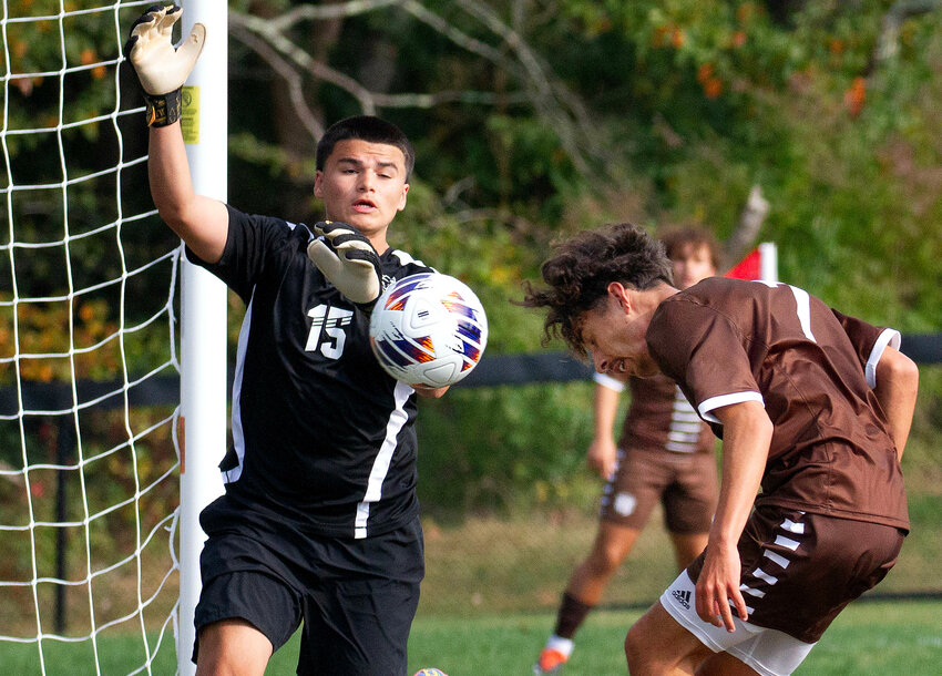 Zach Lopes heads a Carter Couto cross, into the goal to give Westport a 1-0 lead during their 7-0 win over Wareham on Tuesday night.