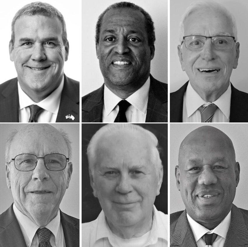 The 2024 inductees to the East Providence High School Hall of Fame (top row, l-r: Gregg Amore, Richard Martin, Bob Fontes; bottom row, l-r: Bob Rock, George Donovan, Bob Good).