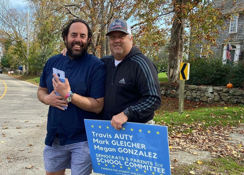 Mark Gleicher (left) campaigns with Patrick McHugh, candidate for Little Compton Town Council, in 2022.