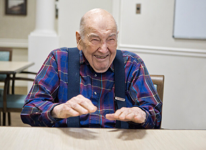 Barrington&rsquo;s Will Barbeau laughs while recounting a story from years ago. Barbeau, a former columnist for the Barrington Times, will turn 100 next month.