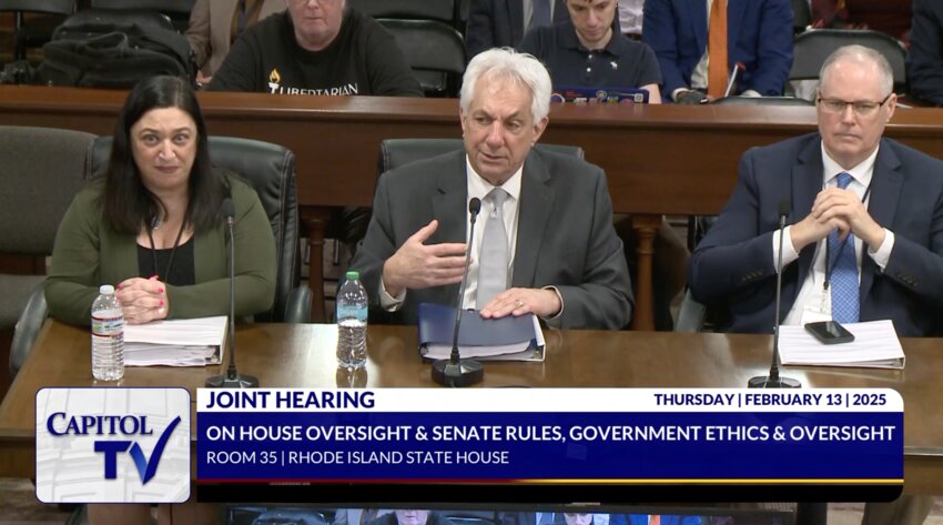 (l-r): Loren Doyle, Chief Operating Officer for the Rhode Island Department of Transportation (RIDOT); Peter Alviti, Director of RIDOT; and Joe Almond, Senior Deputy Chief of Staff to Governor Dan McKee, appear before the House Oversight Committee and the Senate Committee on Rules, Government Ethics &amp; Oversight on Feb. 13.