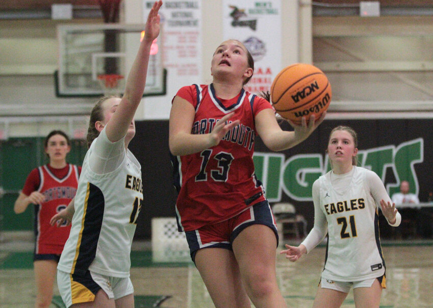 The Patriots&rsquo; Gyselle Mairs drives to the hoop in the second half against Barrington during Monday&rsquo;s quarterfinals contest in the R.I. Interscholastic League&rsquo;s state basketball tournament. The sophomore scored a game-high 26 points to lead Portsmouth to a 49-39 victory.