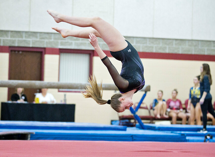 Mt. Hope High School's Charlotte Piper performs on floor for the Huskies at the state gymnastics championships in February. Last weekend, the freshman offered up a redemptive effort on the apparatus as well as two others at the 2025 New England championship meet.