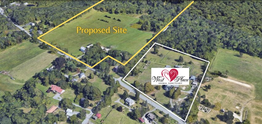 The West Place Animal Sanctuary is at right, while the 36 acres of land officials hope to acquire lies at upper left of this photo.