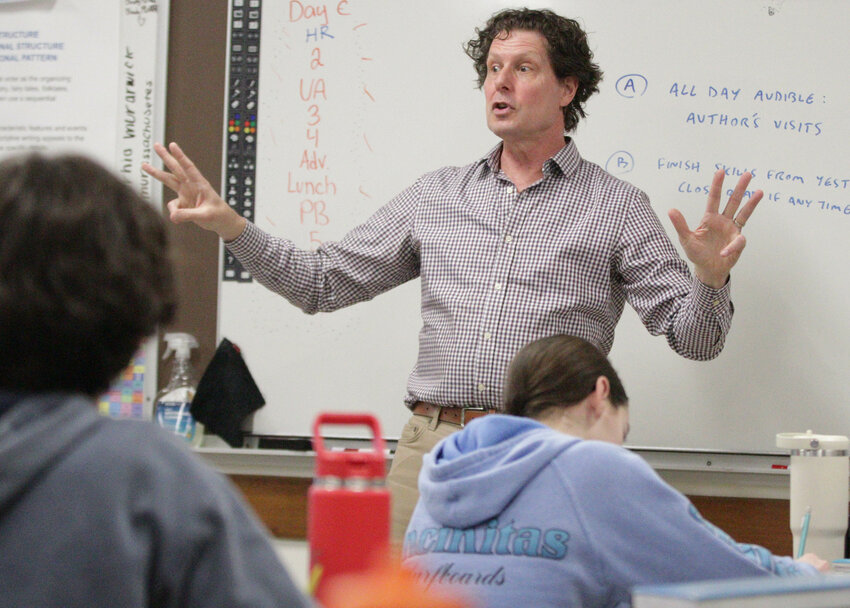 Ethan Gilsdorf, author of &ldquo;Fantasy Freaks and Gaming Geeks,&rdquo; speaks to eighth-graders about writing during last Friday&rsquo;s All-Day Audible with Authors event at Portsmouth Middle School.