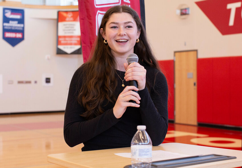 Keira Mullen, who was awarded the Gatorade Player of the Year and a banner hung in her honor, speaks during a small ceremony at the EPHS gymnasium on Friday afternoon.