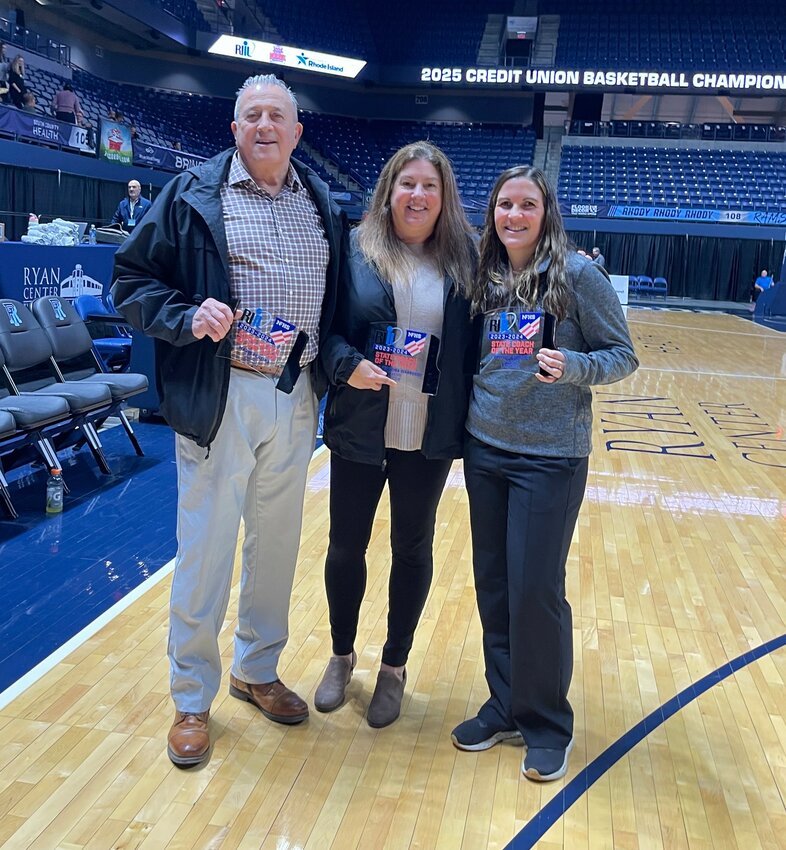 Mt. Hope girls' soccer coach Kerri Ferreira Giarrusso is pictured with boys' soccer recipient Mario Pereira of La Salle Academy and girls' lacrosse honoree Brittney Godbout of Chariho High after each was recognized as the 2023-24 Rhode Island coach of the year in their sports Sunday, March 16, at the Ryan Center in Kingston during the state basketball tournament.