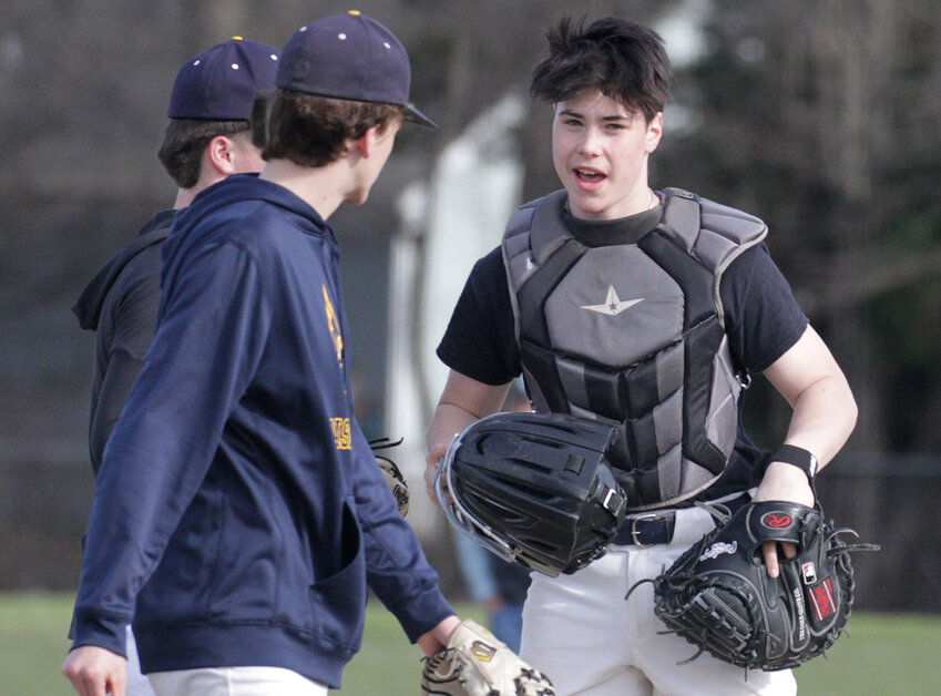 Barrington High School's Christopher Promades (right, shown during an early season scrimmage, had three hits in the Eagles' 5-2 win over Coventry on Friday, April 4.