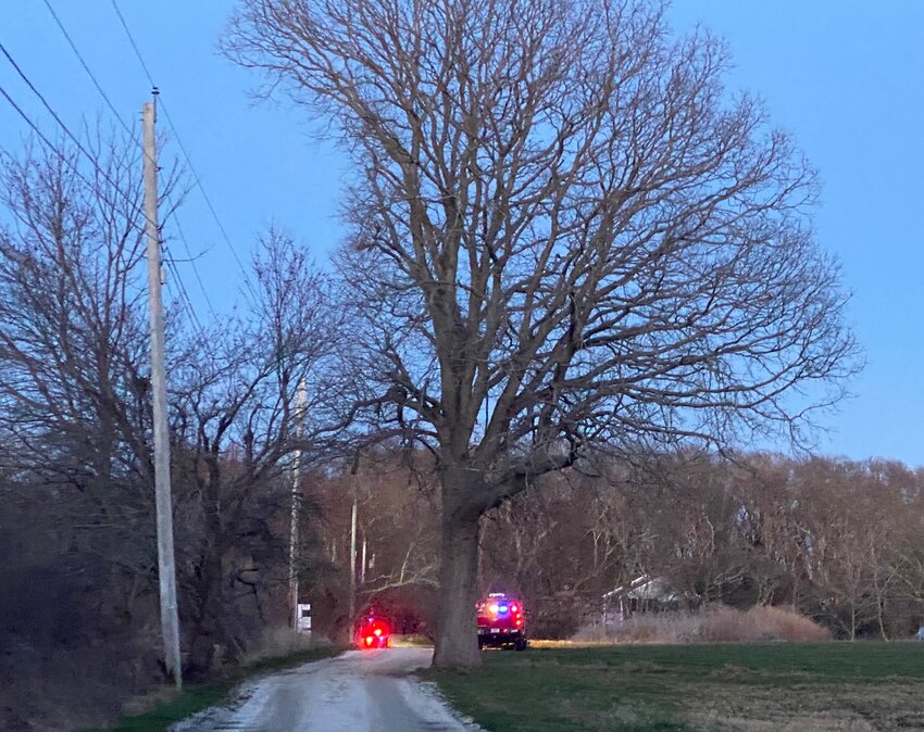 The scene at the entryway of a Birch Swamp Road residence Tuesday night, April 1, when Warren Public Safety personnel responded to a fire, which led to a male being transported to hospital with injuries.