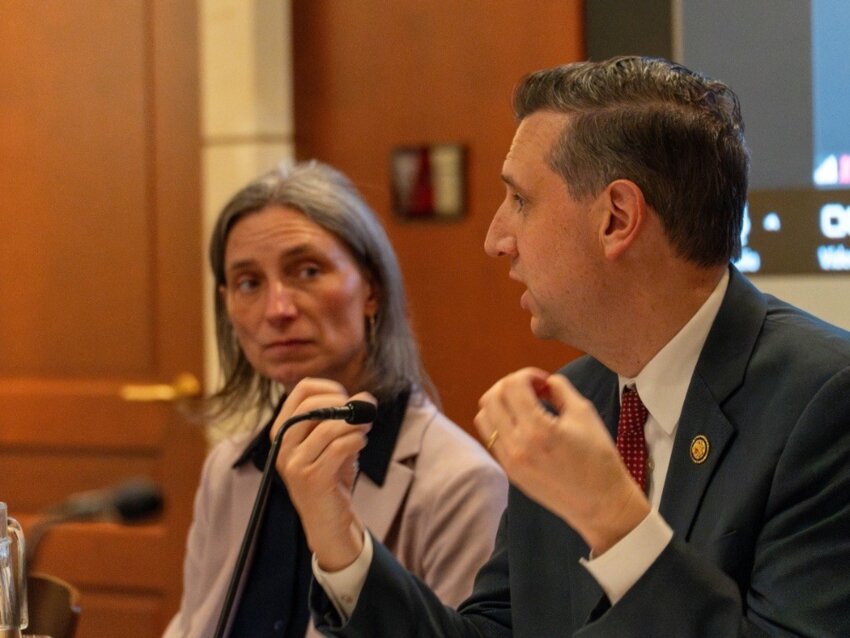 Rep. Seth Magaziner of RI leads discussions at the Natural Resources Committee &lsquo;s NOAA issues forum held last week.&nbsp; Rep. Maxine Dexter of Oregon looks on.&nbsp;