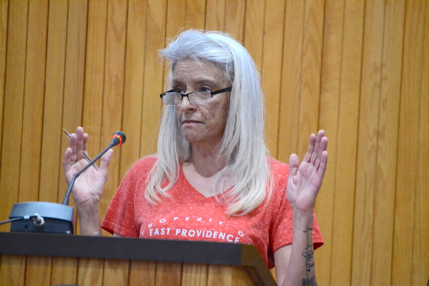 Julia Dempsey speaks to the East Providence City Council on Tuesday night, alleging that she is being retaliated against by the city. The city disputes that claim.