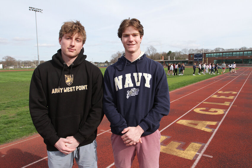 Barrington High School seniors Will DiGiacomo (left) and Bobby Wind will attend the U.S. Military Academy and the U.S. Naval Academy, respectively, in the fall. Both are captains for the boys outdoor track team and have shown great leadership, said their coach Bill Barrass: &ldquo;They really are a perfect example of what the academies should be looking for.&rdquo;