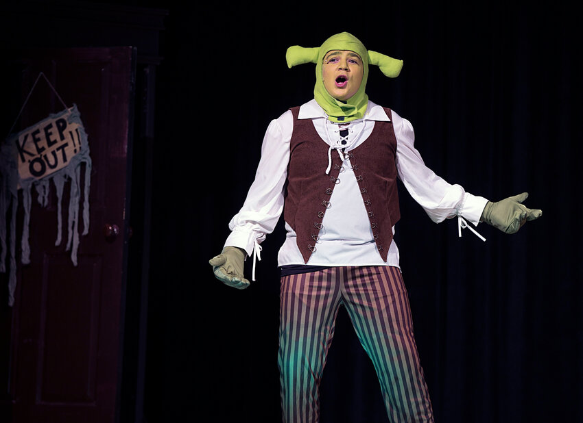 Logan Cabral belts out a number as a lead character in the joint presentation last weekend of &quot;Shrek The Musical, Jr.&quot; by Kickemuit Middle School students and Arts Alive!.