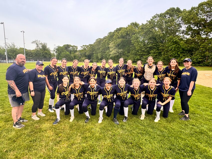 The Barrington Middle School softball team, shown after a recent playoff victory, won the RI Middle School State Championship on Tuesday night, June 3, at Rhode Island College.