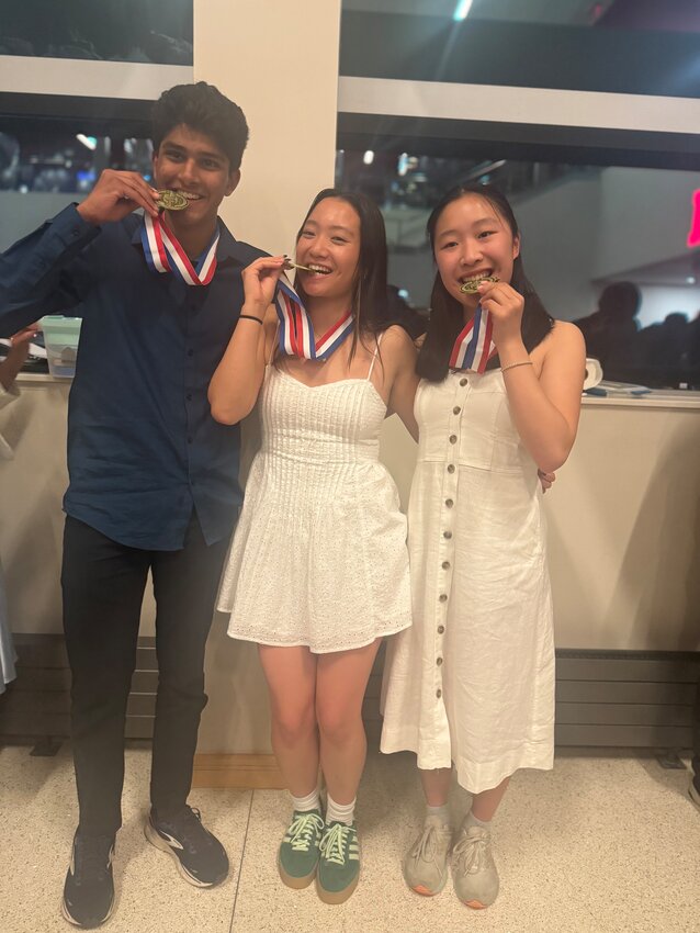 Barrington High School students Neil Bansal, Isabel Chen and Iris Yang (from left to right) took home first place in Experimental Design at the 2025 National Science Olympiad Tournament at the University of Nebraska.