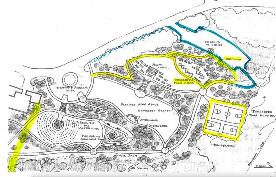 Map shows concept plan for Elmhurst Park, with Phase 2 designated by the yellow lines.