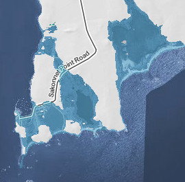 Shaded blue areas show sections of Little Compton underwater in a 10-foot sea rise (NOAA image).