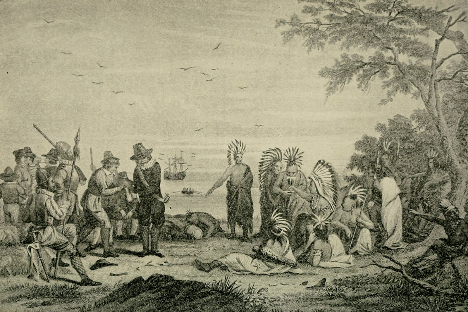 Massasoit meets with the Wampanoags in this etching from the 1906 book, "Lives of Famous Indian Chiefs" by Norman Wood.