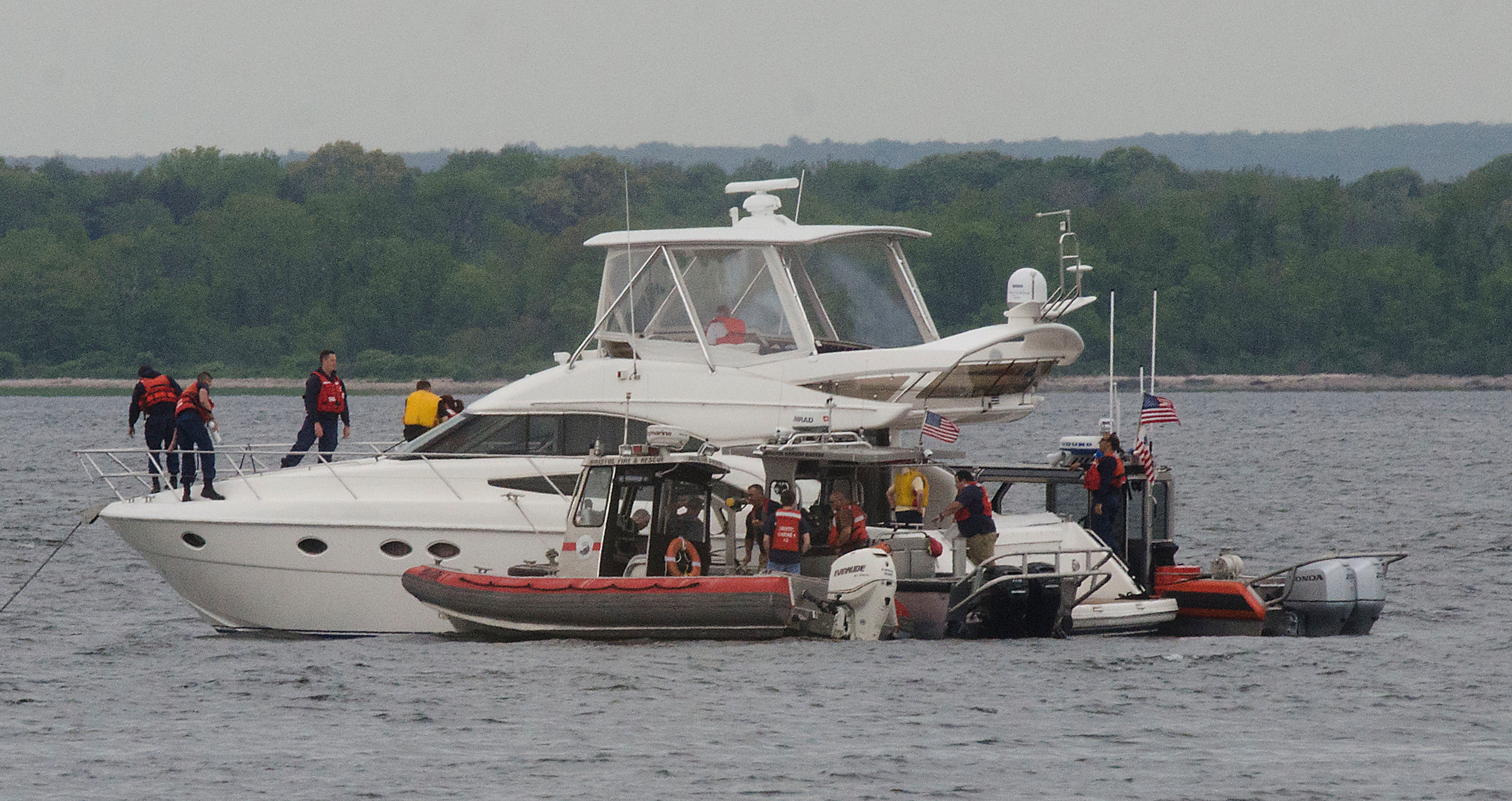 Bristol fire and Coast Guard respond to a boat fire off of Colt State Park on Tuesday, shortly after noontime. The boat fire was small and put out by the owner before rescue crews arrived according to a fireman.
