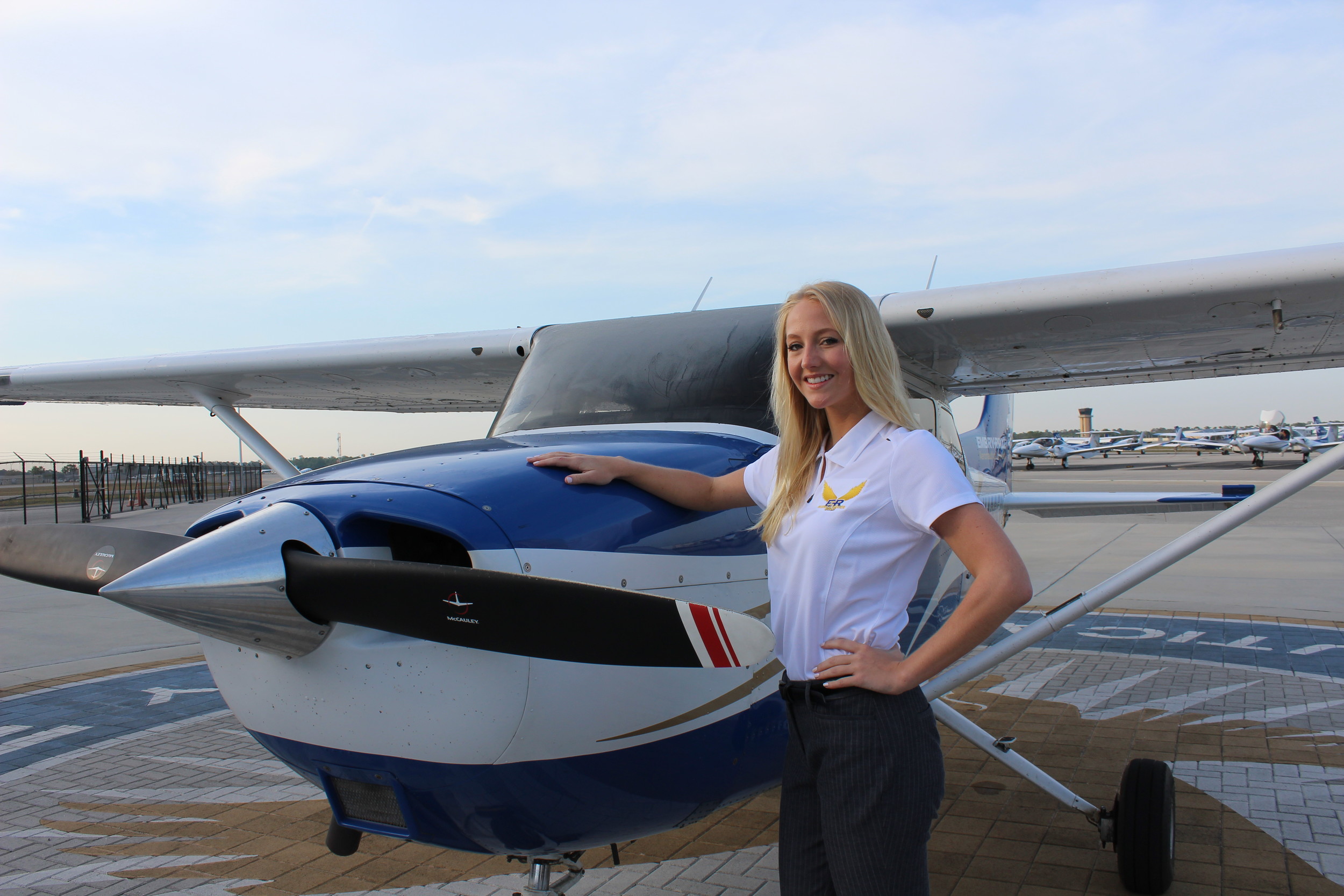 Embry-Riddle University pilot Mia Hallgring, a Portsmouth High graduate, poses with the school’s Cessna 172 Skyhawk before leaving for the start of the 2018 Air Race Classic in Sweetwater, Texas.