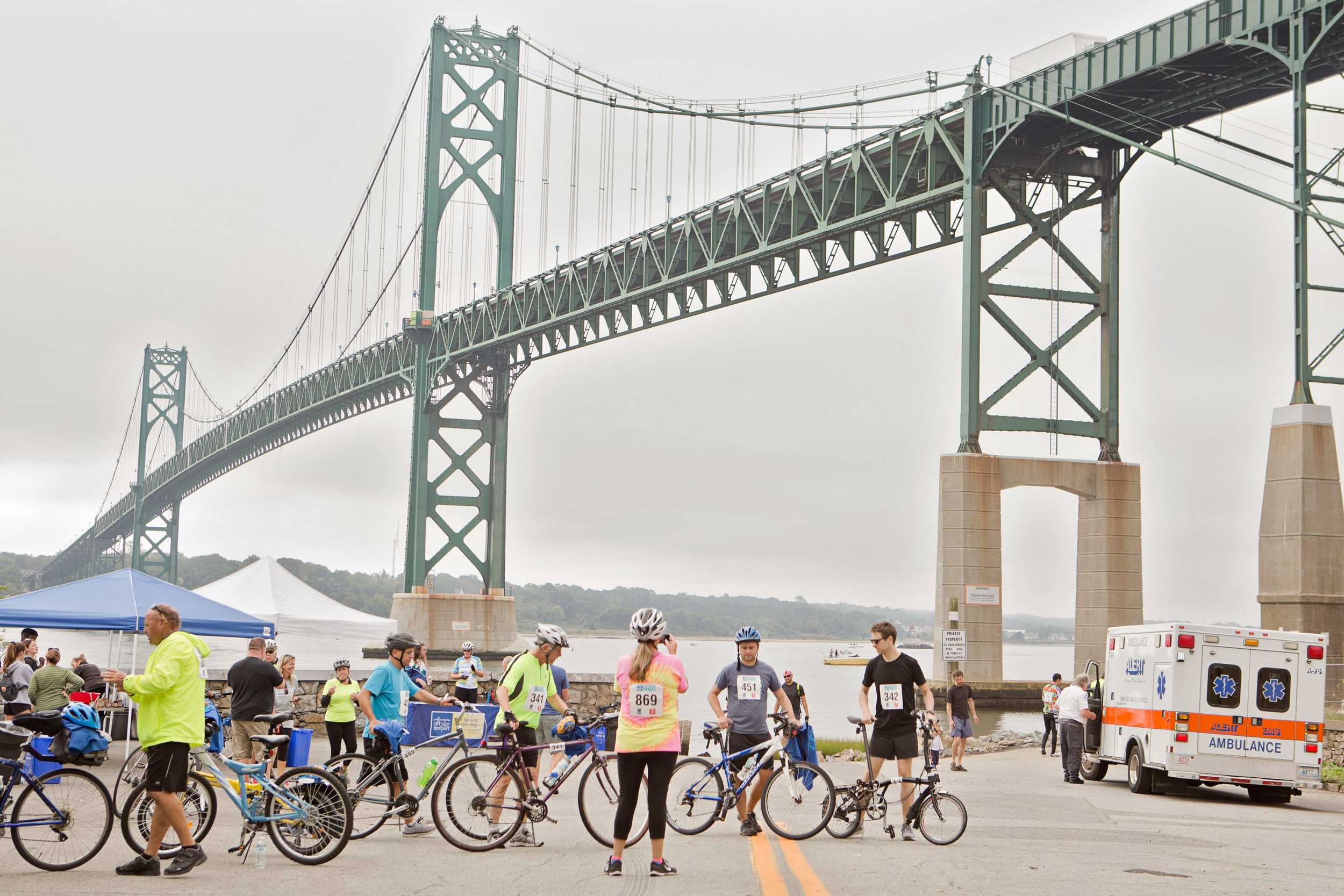 Bikers congregate under the Mt. Hope Bridge in Bristol after completing the sixth annual 26 mile 4 Bridges Ride.