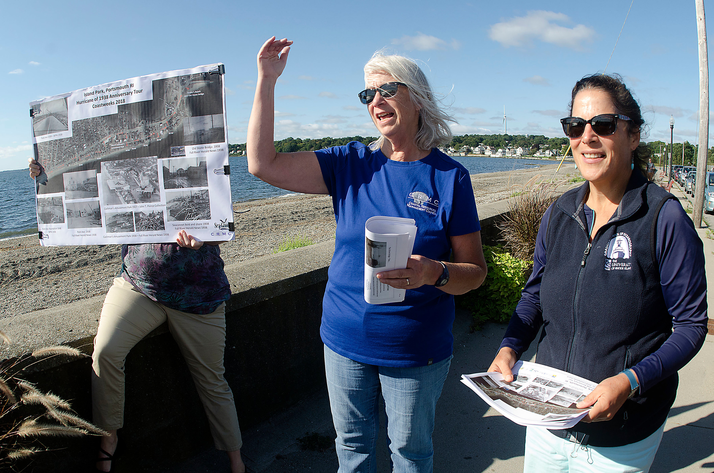 Jennifer West of the Narragansett Bay Research Reserve, Janet Freedman of CRMC and Pam Rubinoff of URI Coastal Resources (from left) kick off a 1938 Hurricane anniversary walk tour in Island Park.