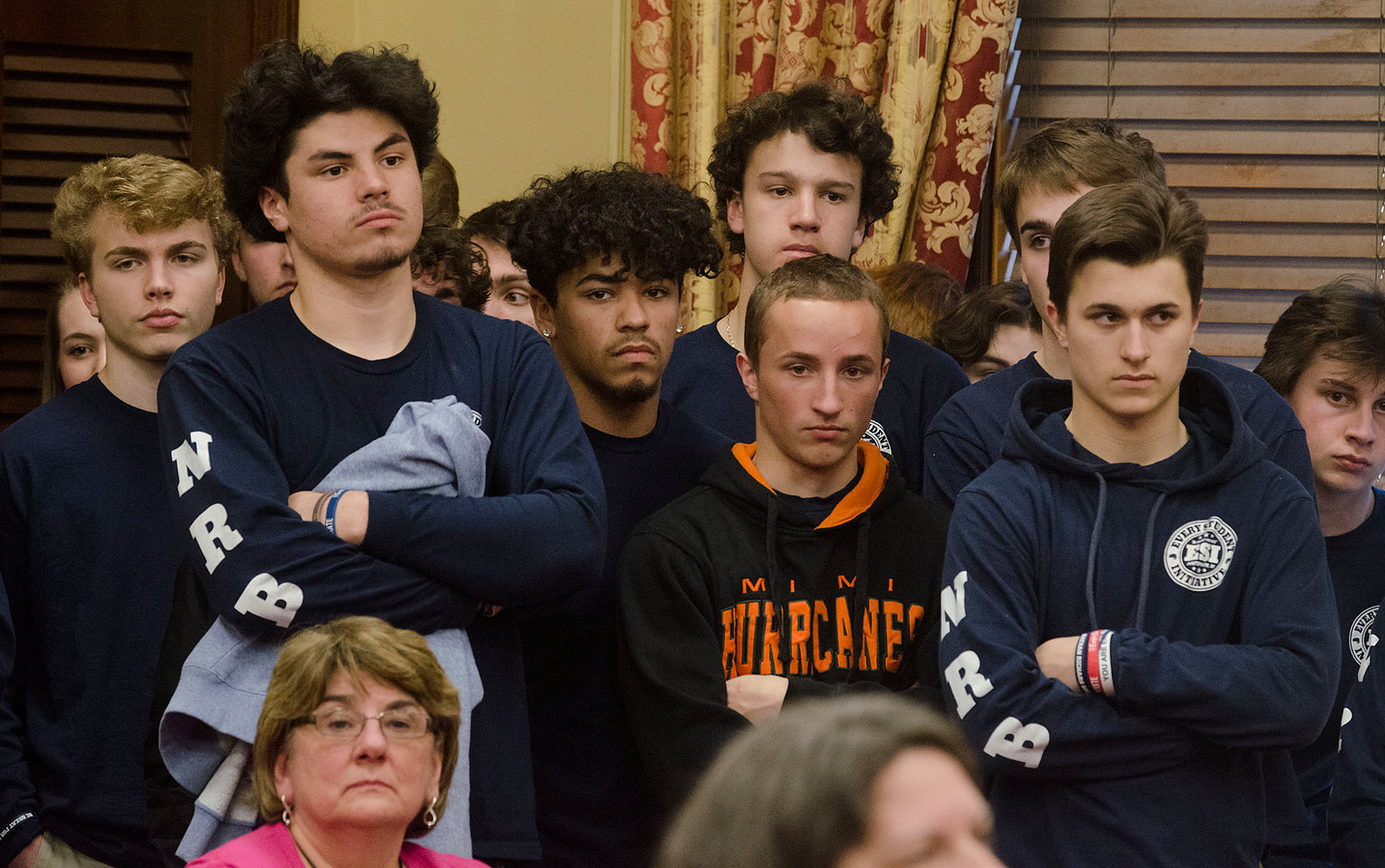 Members of Every Student Initiative, an advocacy group formed by Portsmouth High School students, crowd the Senate Committee on Education's hearing room at the State House Wednesday, March 20.