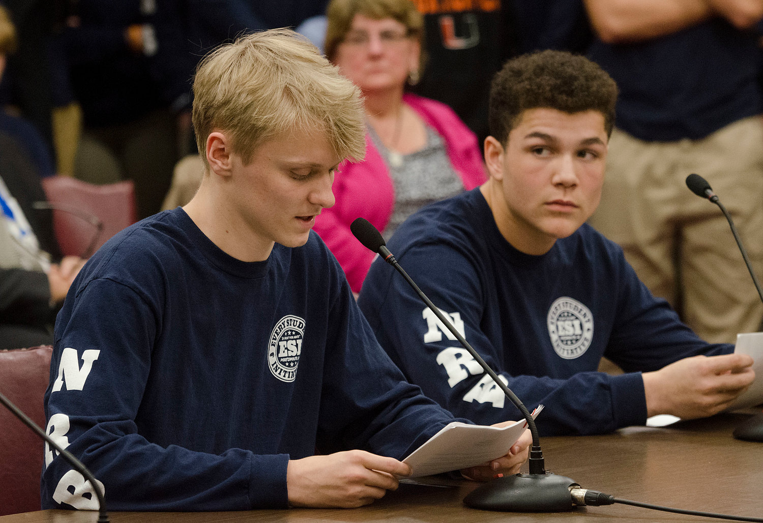 Owen Ross (left) and Marcus Evans, members of Every Student Initiative, testify before the Senate Committee on Education