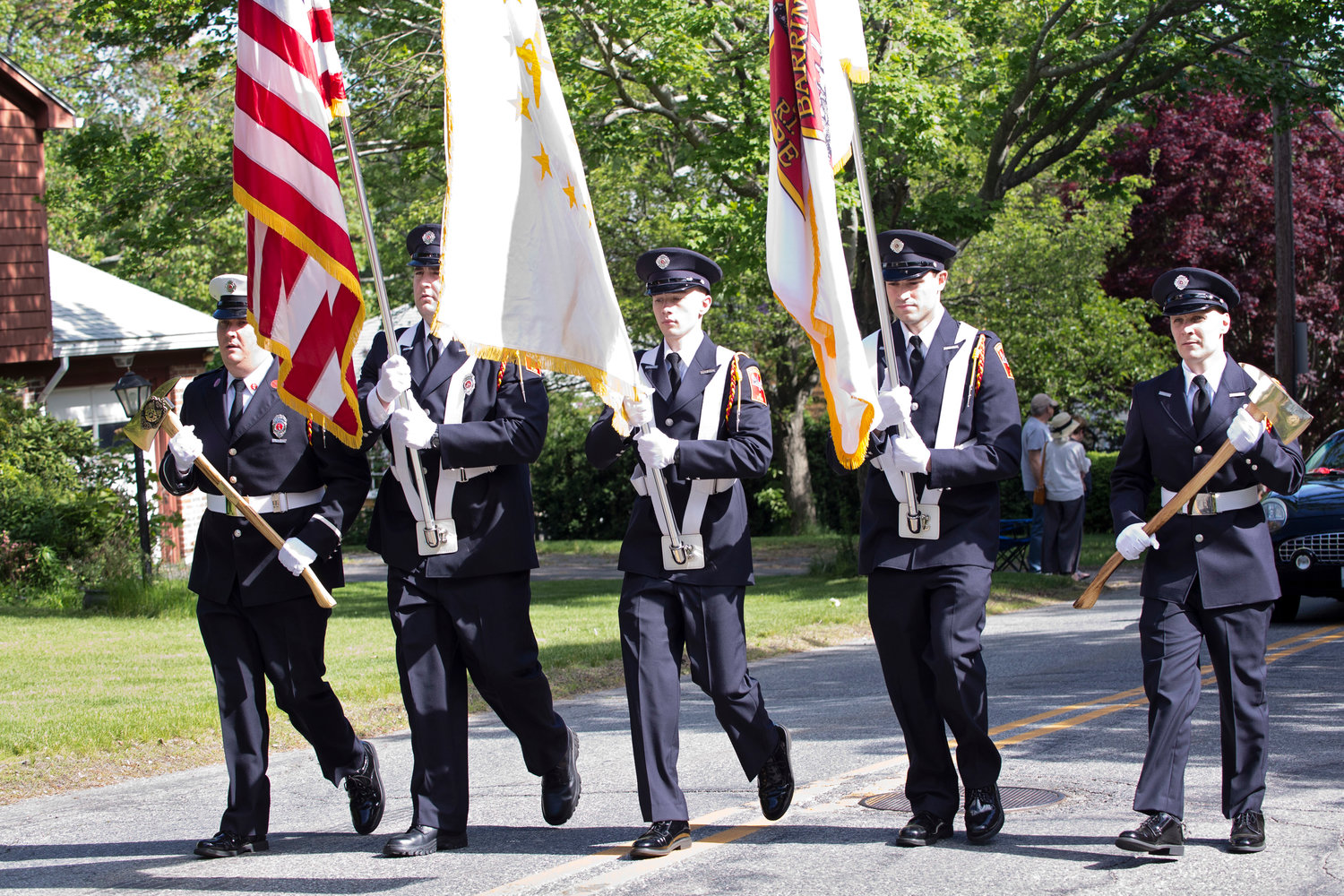 Members of the Barrington Fire Department march along Upland Way during a previous Memorial Day parade in Barrington.