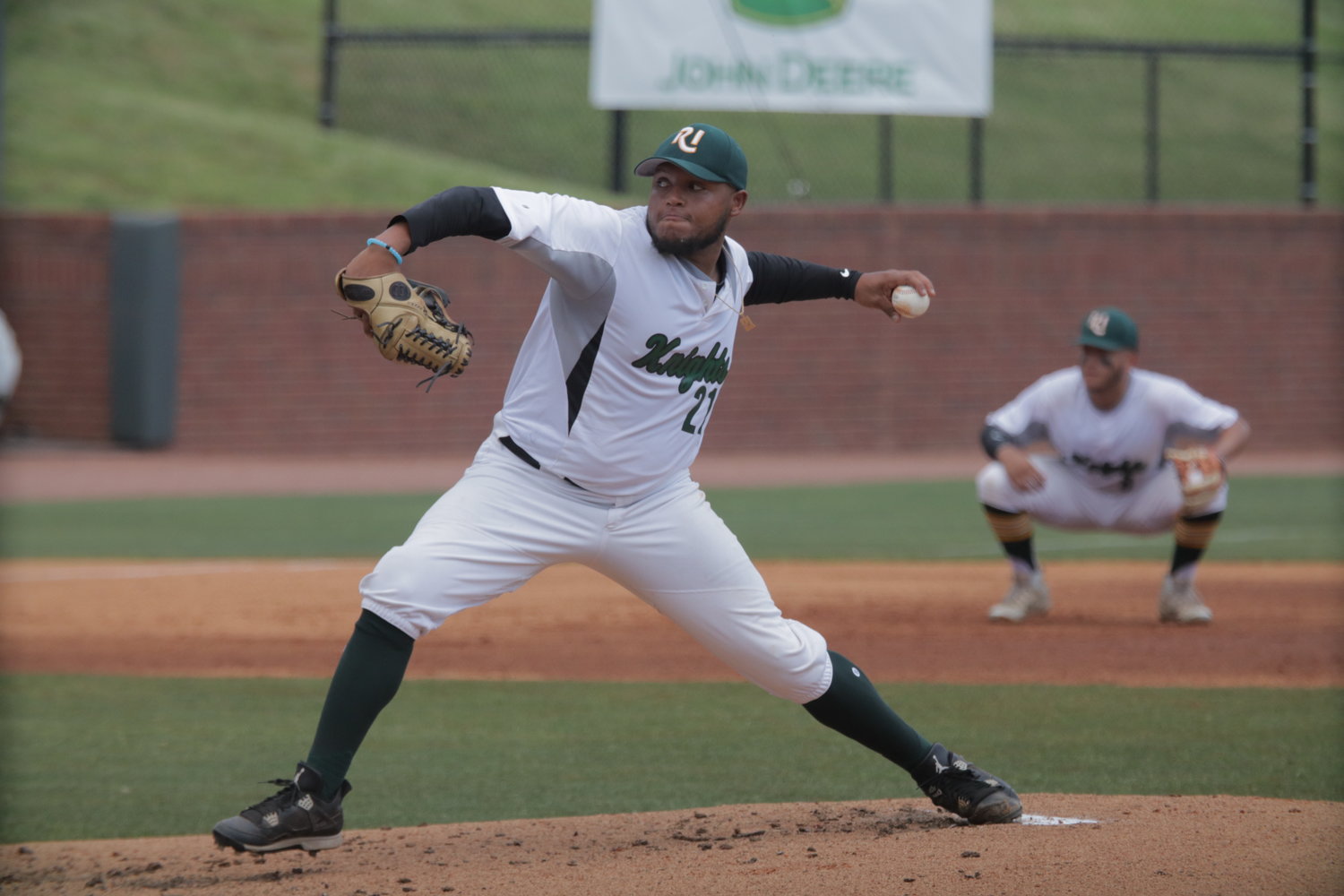 C.J. Woods delivers a pitch for CCRI during one of the Knights' NJCAA Division III national tournament games.