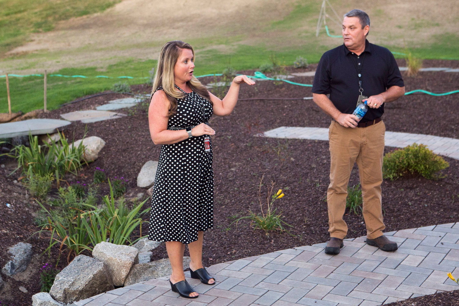 Melville School Principal Elizabeth Viveiros, with Facilities Manager Matt Murphy, talk about the outdoor learning space last week.