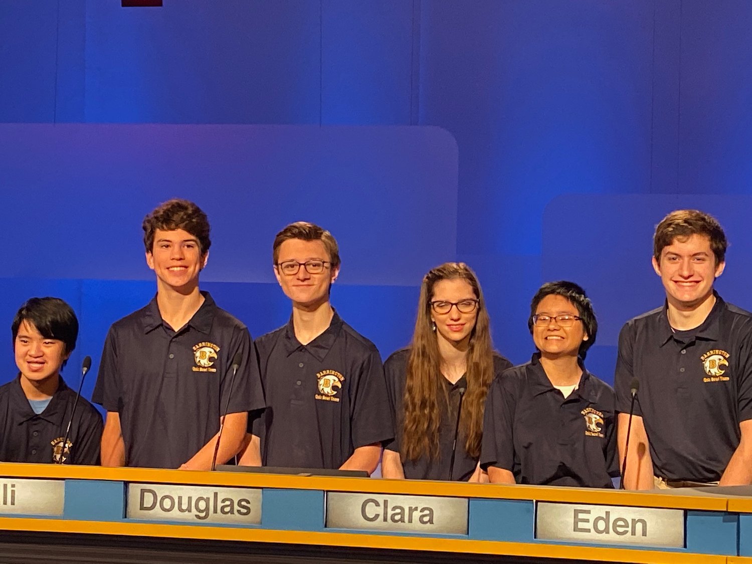 BHS Quiz Show competitors Benjamin Lamb, Eli Terrell, Douglas Meeker, Clara Kugler, Eden Lamb and Connor O'Neal (from left to right) pose for a team photo.