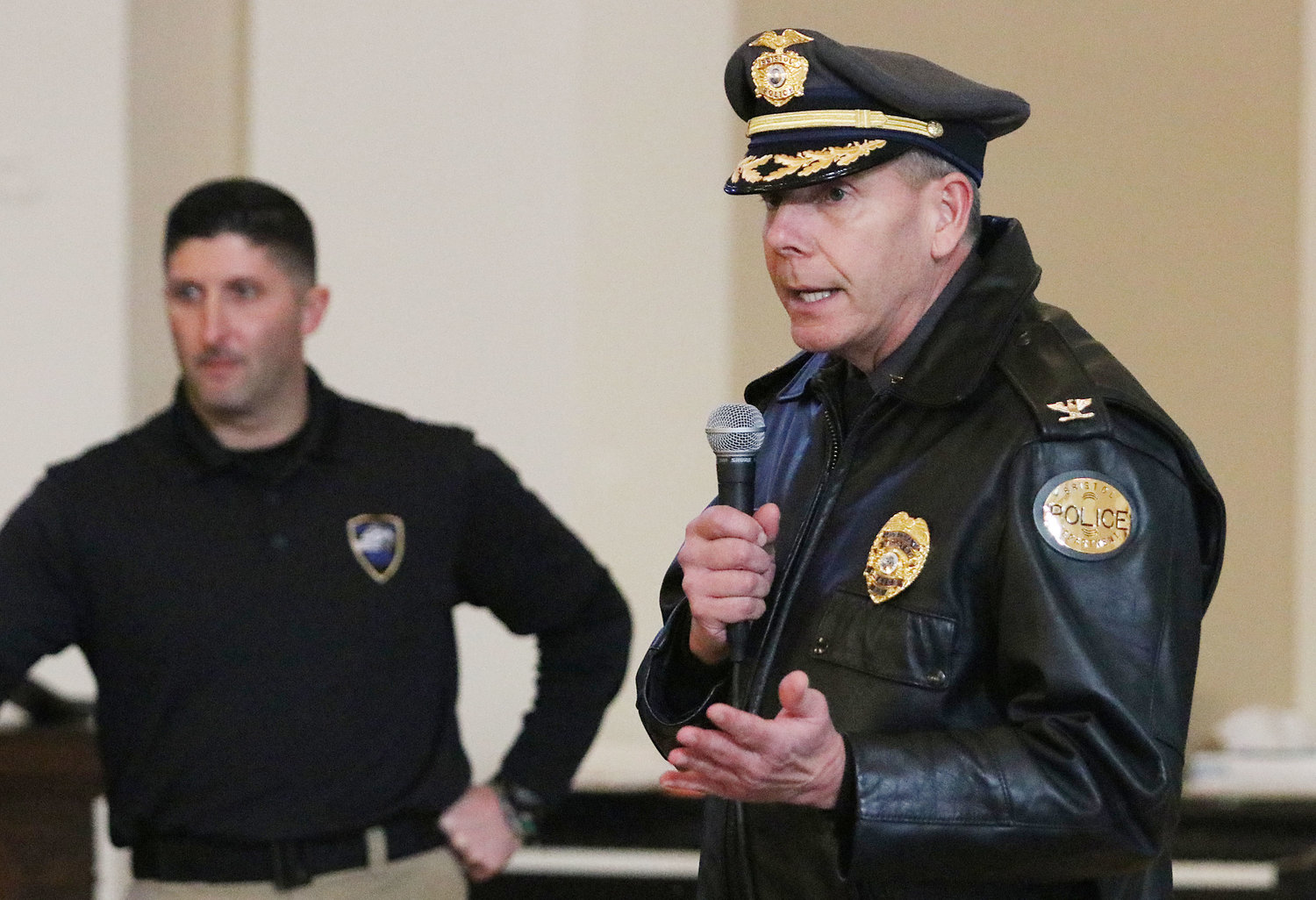 Chief of Police Kevin Lynch talks to the school employees.