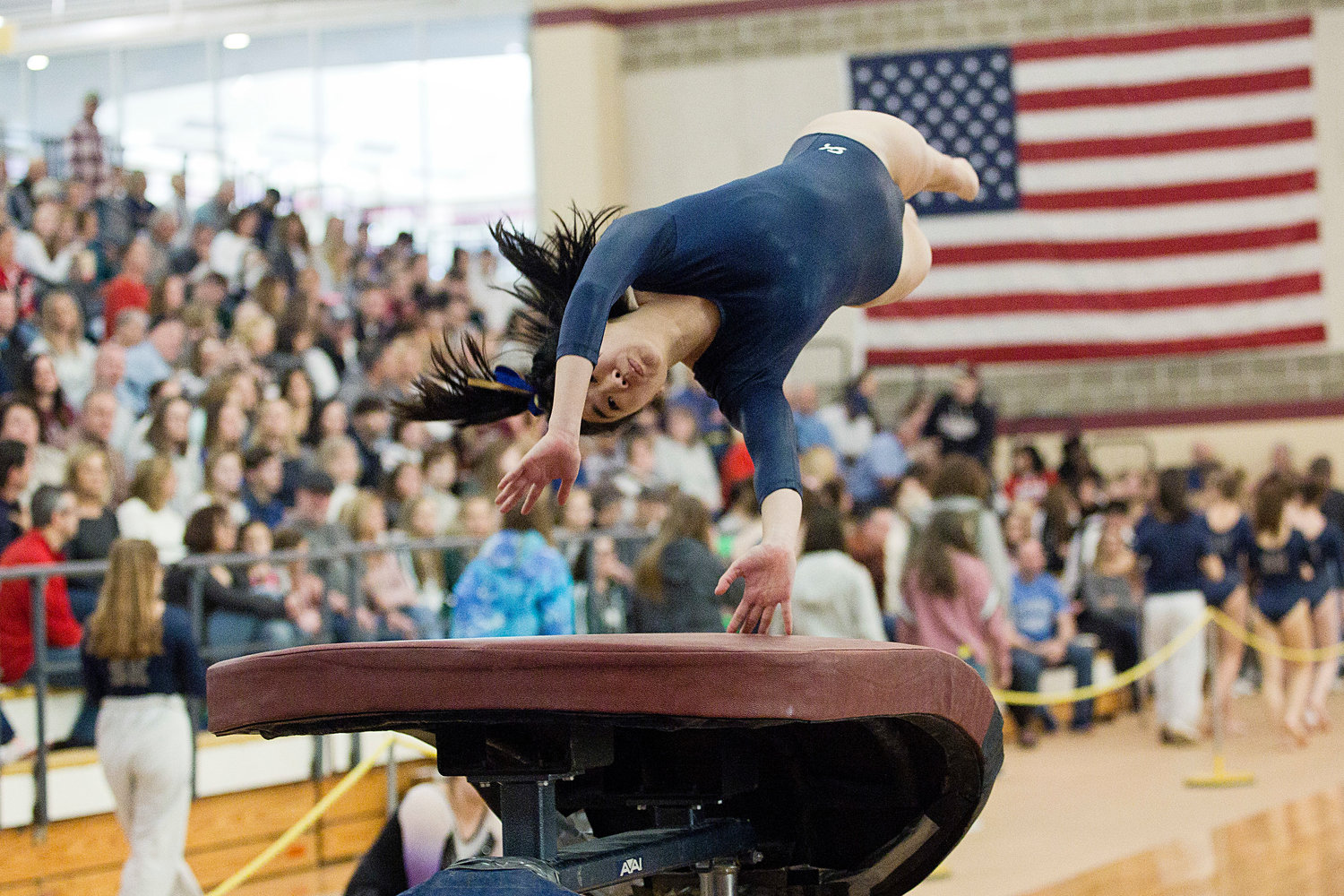 Jessica Liang executes a stunt on the vault, earning an 8.6 on the event at the State Gymnastics meet, Saturday.