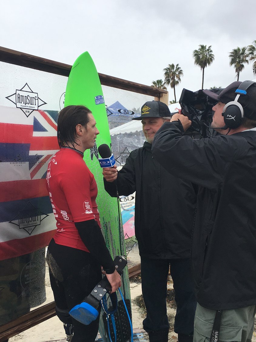 Colin Cook is interviewed after his victory in La Jolla, California (Sally Webster photo).