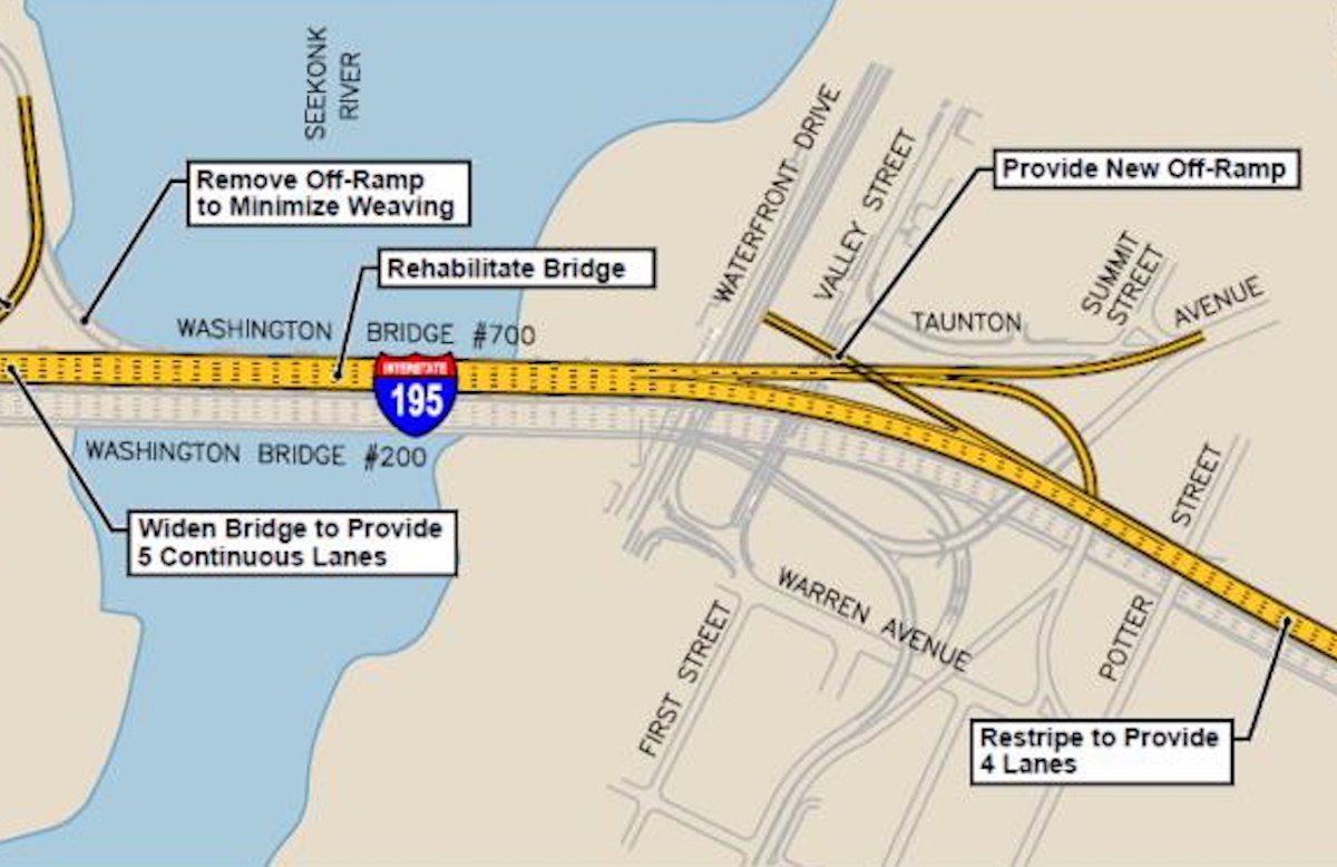 The proposed new off-ramp from Interstate 195 to Waterfront Drive in city is depicted at the top right of this rendering.