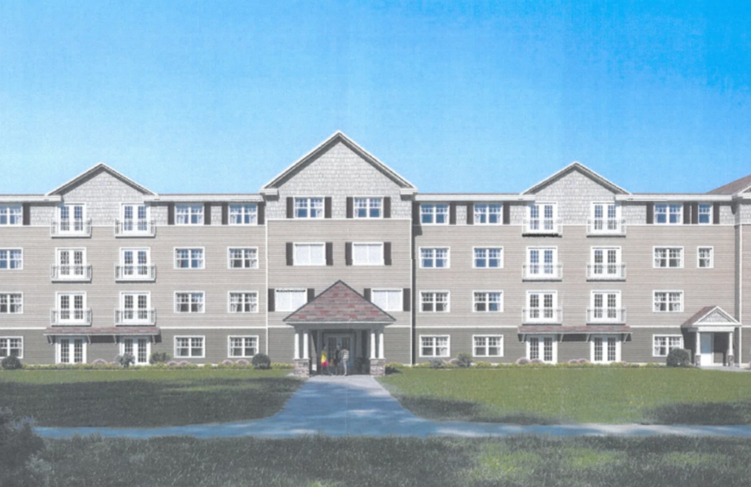 A rendering shows one of two 54-unit, four story apartment buildings that would be built east of the Kickemuit Reservoir, off Kinnicutt Avenue.