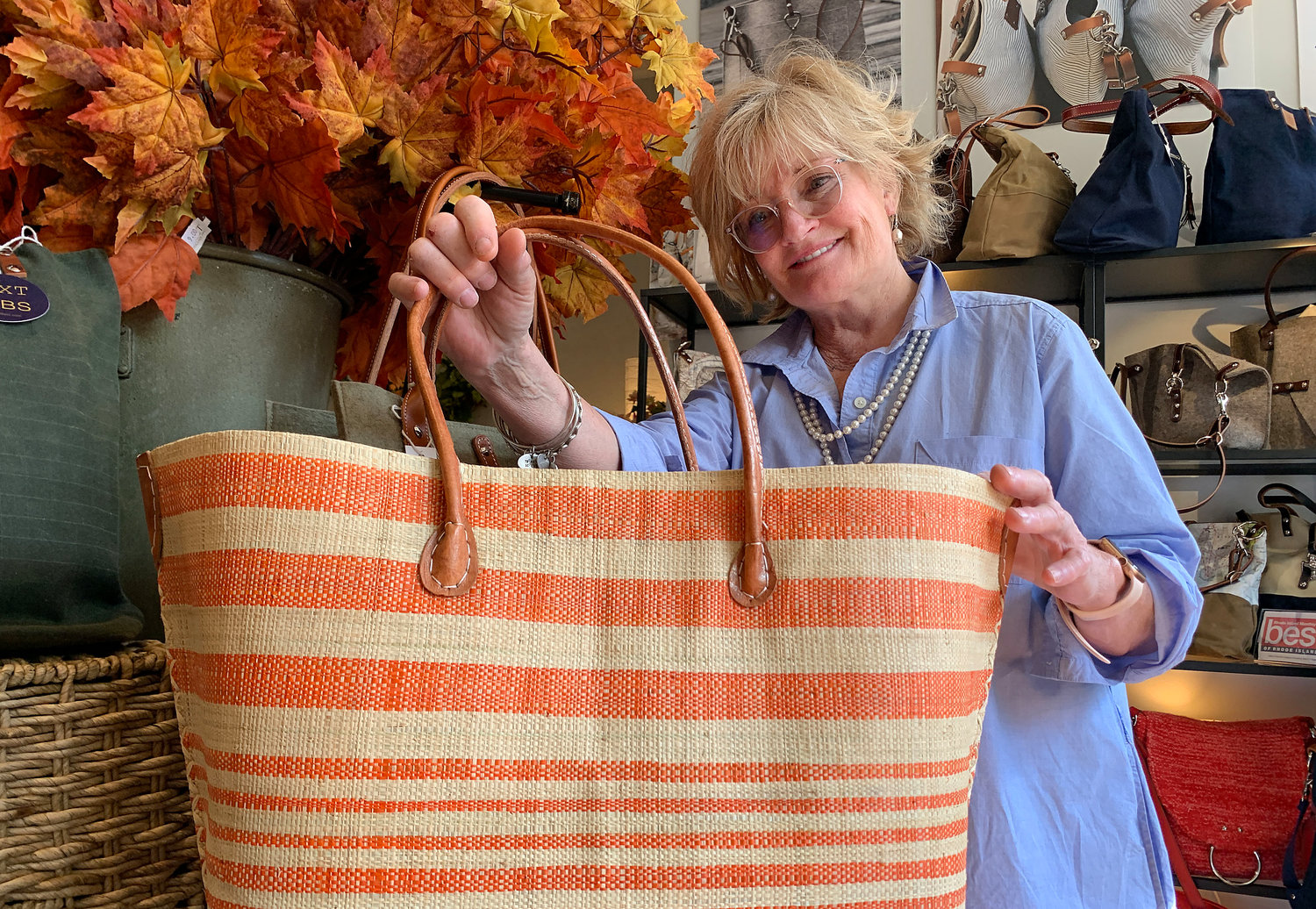 Barbara Materna crafts colorful and unique totes from a variety of fabrics, many with leather accents.