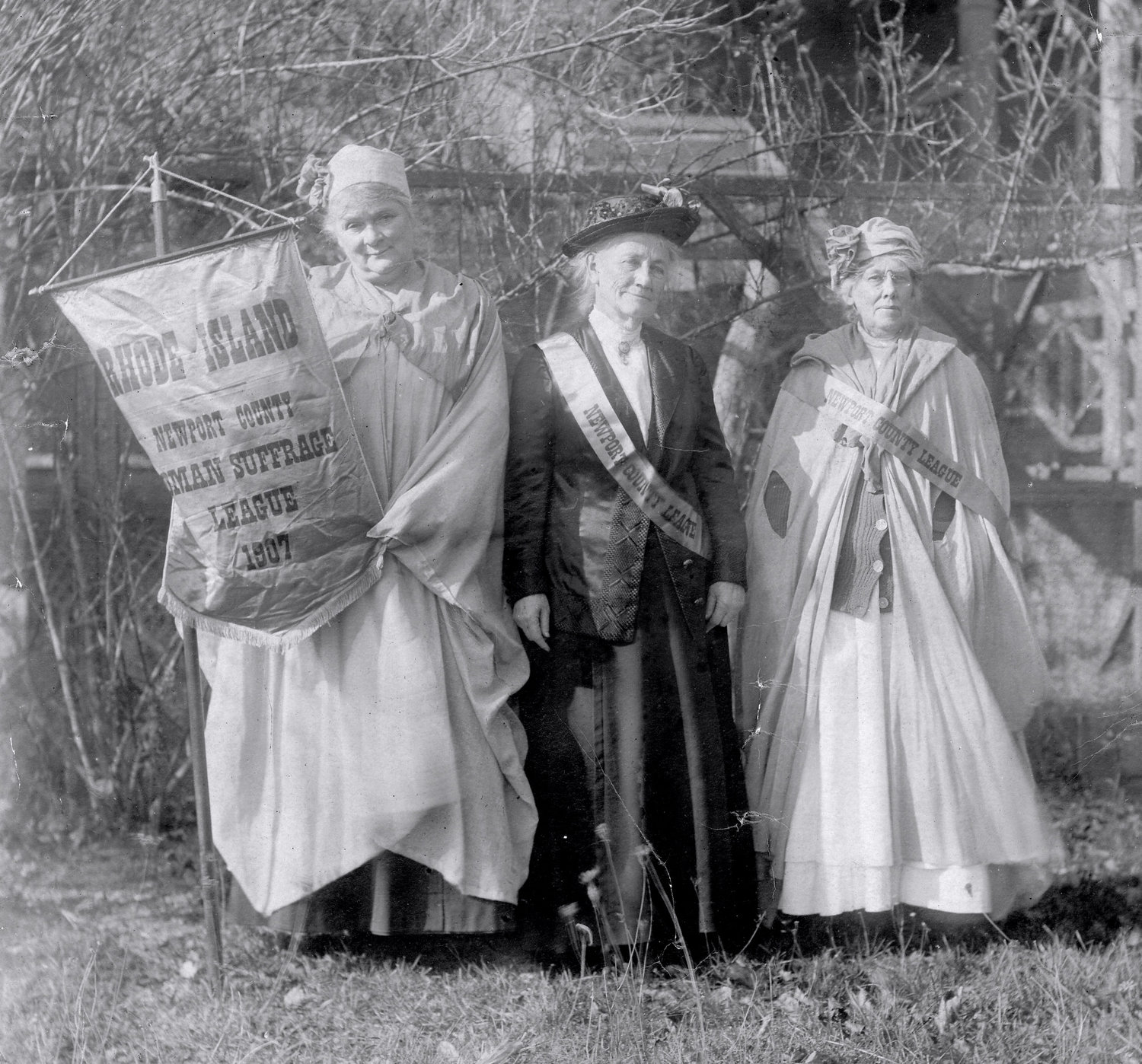 This Portsmouth Historical Society photo, taken in 1907 by the Portsmouth artist and reformist Sarah Eddy, shows (from left) Letitia Lawton, Cora Mitchel, and Emeline Eldredge. Ms. Mitchel founded the Newport County Woman Suffrage League that year.