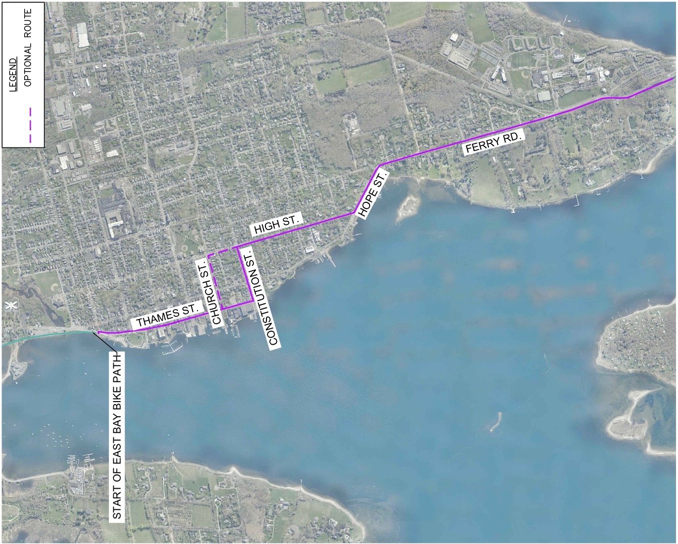 The favored bicycle route would connect from the terminus of the East Bay Bike Path (left and north), to Thames Street, then High Street, then Ferry Road, Roger Williams University and the Mt. Hope Bridge (right and south).