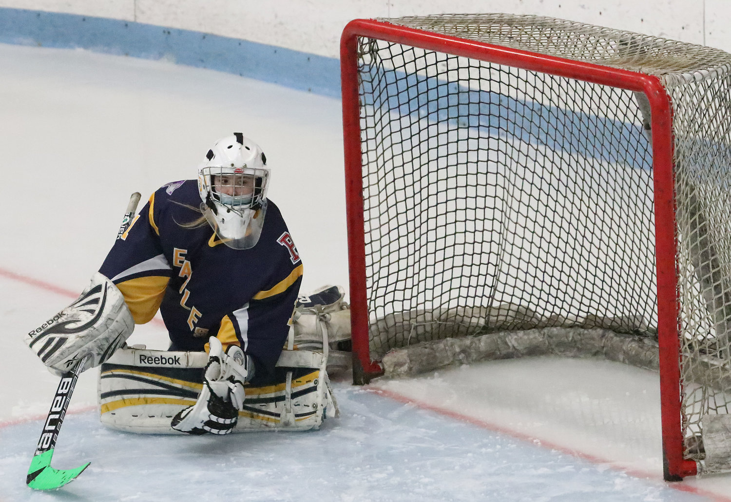 East Bay goaltender SaraTurillo makes a save in the third period. 