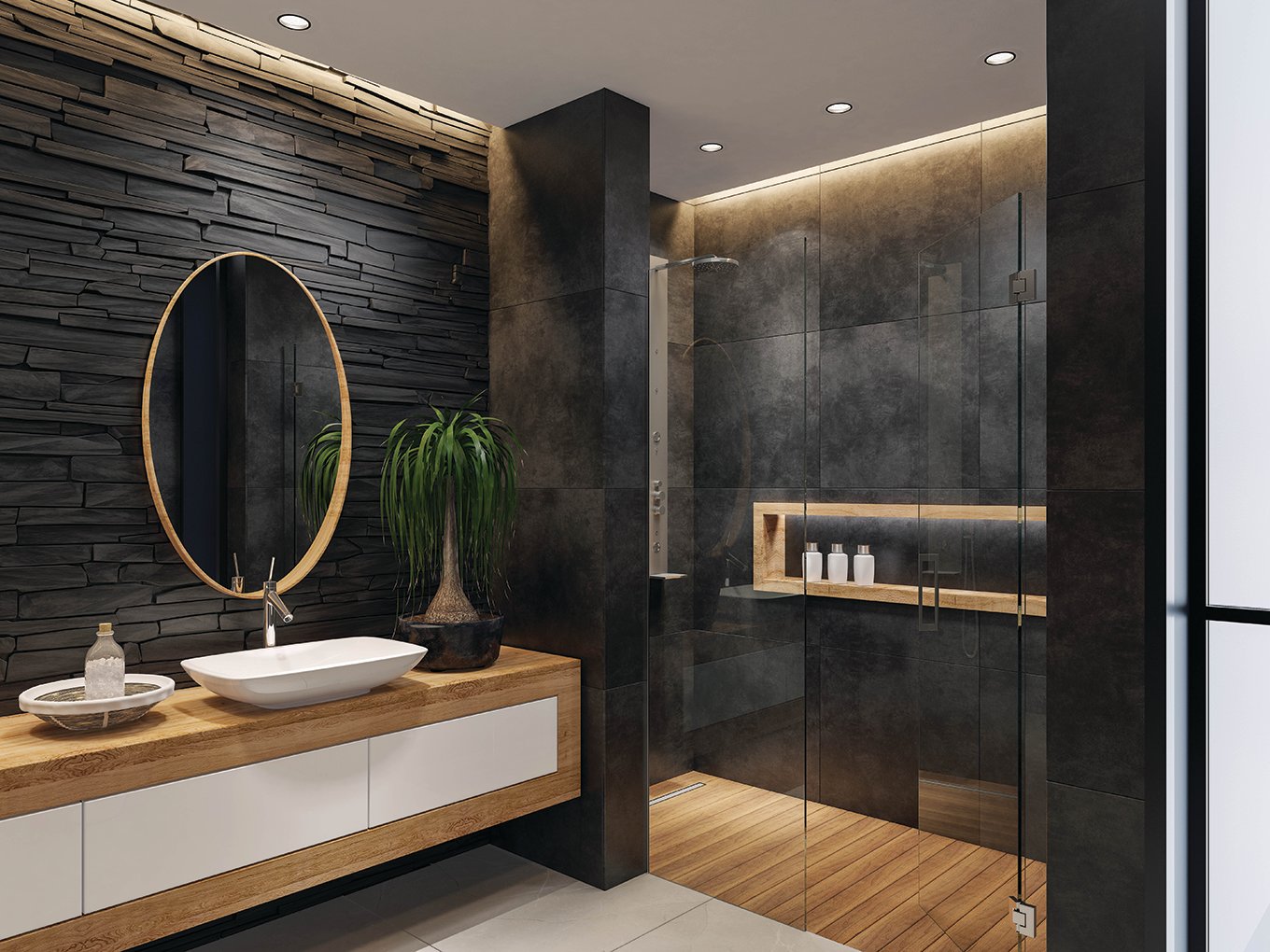 This is definitely a higher-end bathroom remodel, with a variety of elegant tile and stone.
