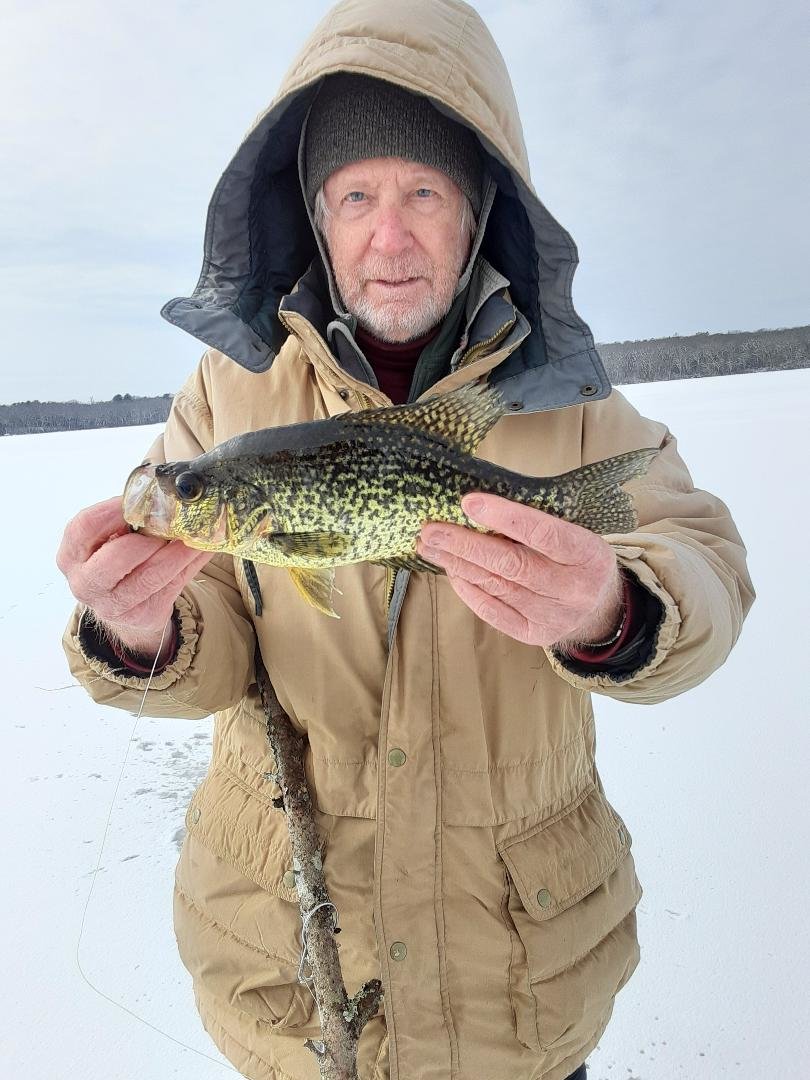 Ice fishing has been good this week. Anglers are catching pickerel, perch and crappie like this 14” crappie caught by Gil Bell of Rhode Island.