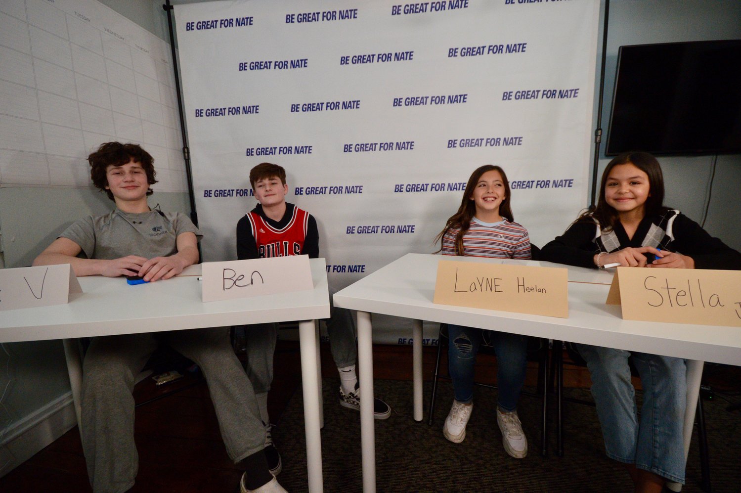 “Are You Smarter Than a Fifth-Grader?” contestants Jack Vouté, Ben Lopes, Layne Heelan, and Stella Johnson (from left) before the show started.