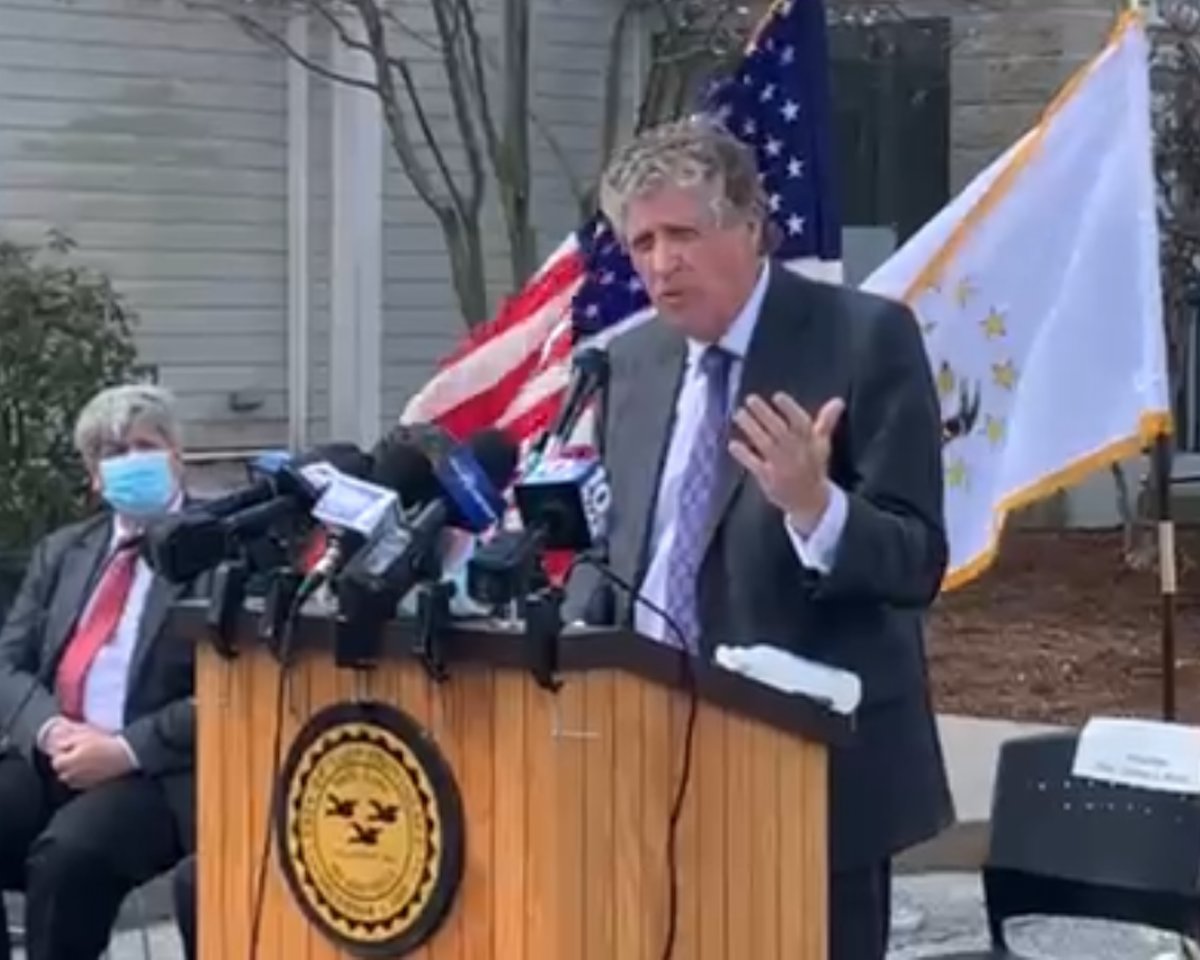 Gov. Dan McKee announces East Providence as a regional COVID-19 vaccination site for most of the East Bay area during a press event Wednesday, April 7.