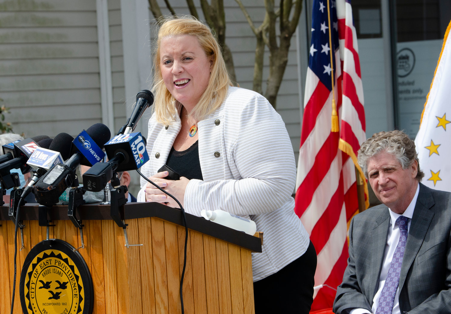 Warren Town Manager Kate Michaud speaks during a brief announcement naming East Providence one of three newly created regional COVID-19 vaccination pods, which will serve residents of most East Bay communities over the next few months. The ceremony took place at the East Providence Senior Center and included Governor Daniel McKee, and other East Bay town officials.