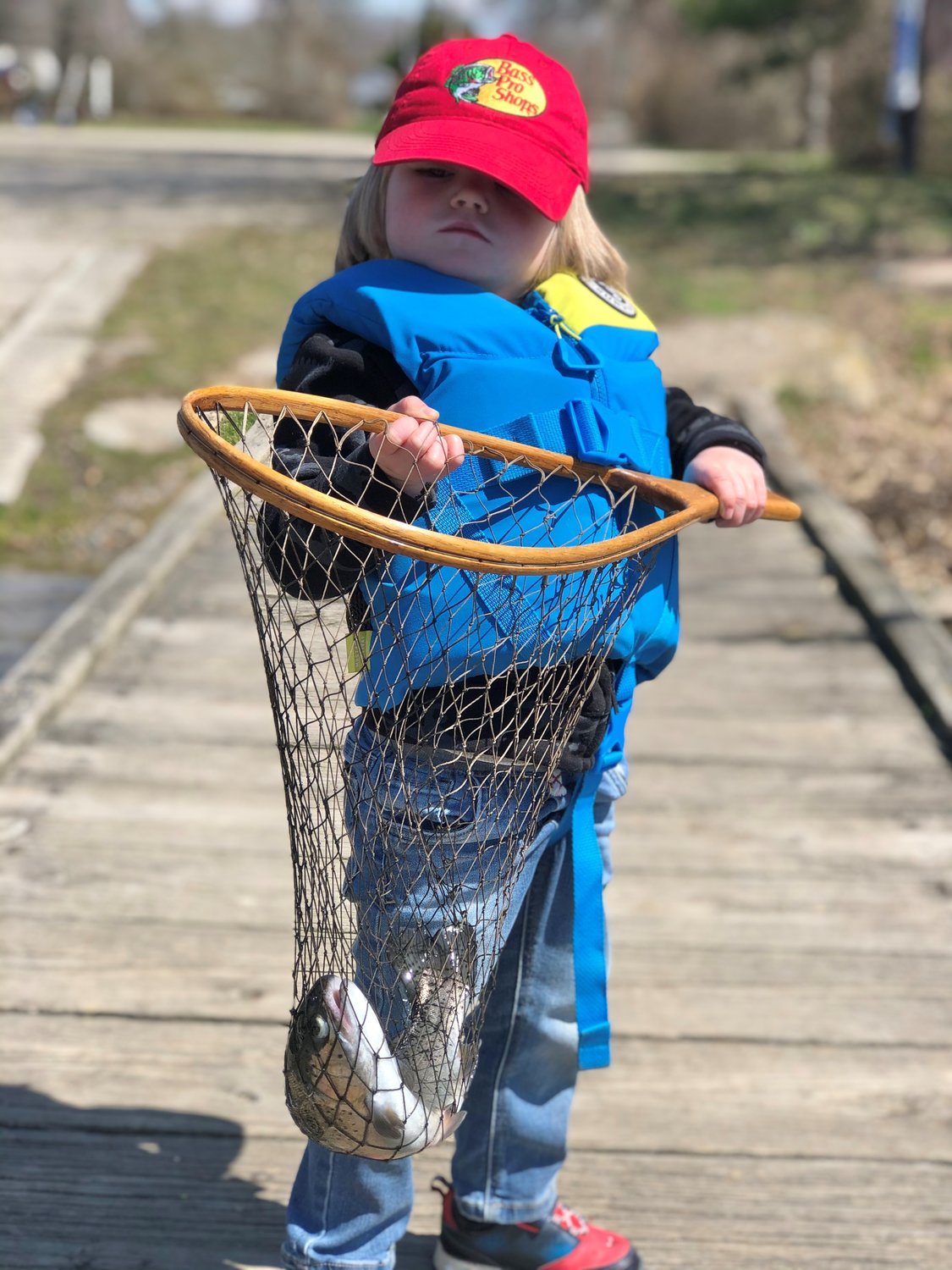 First trout: Benjamin Desmond (three years old) with his first trout caught opening day, April 7. He was fishing at Stafford Pond with his grandfather, Greg Vespe of Tiverton.